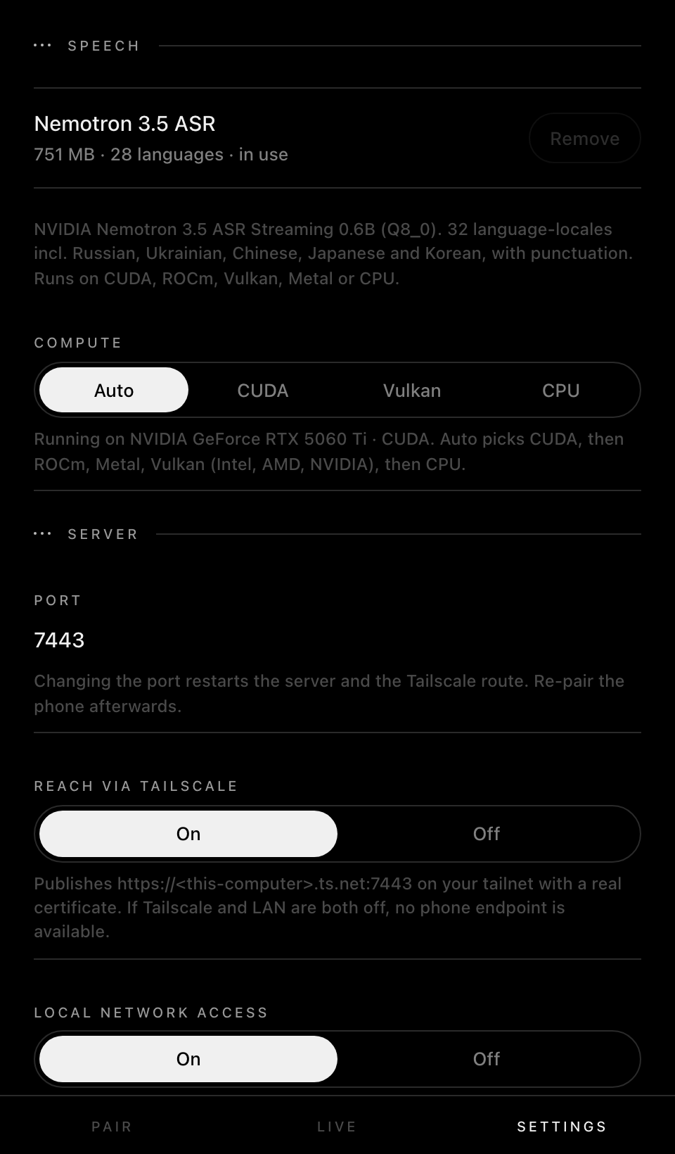 Settings: the model, the compute backend and the server