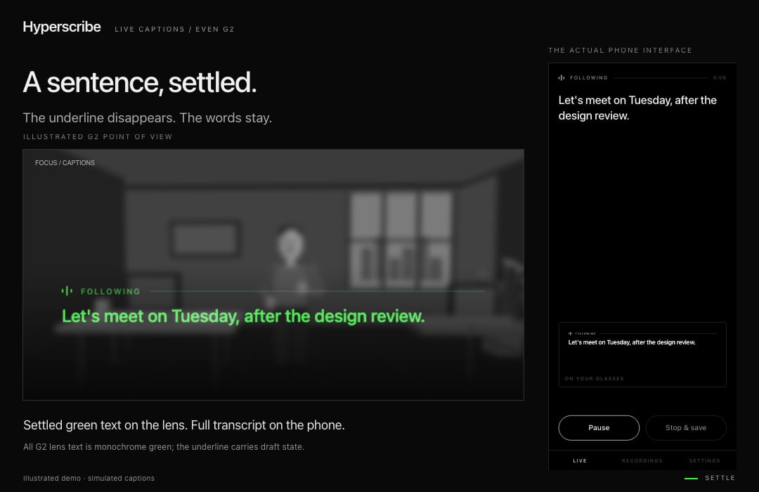 Hyperscribe: a settled caption in green on the lens, and the same sentence on the phone