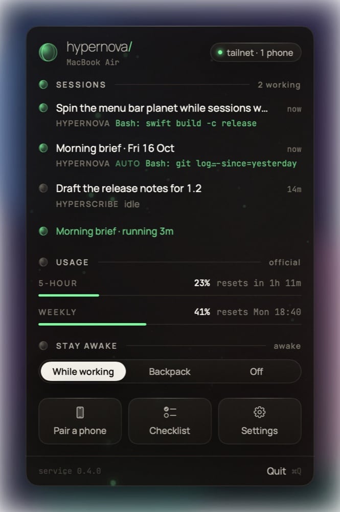 The Mac popover while an automation runs: AUTO on its session, the run line under Sessions