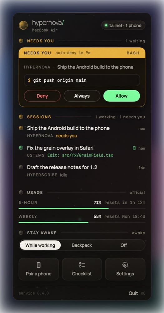 The Mac popover: an approval with Deny, Always and Allow, sessions, usage meters, Stay awake