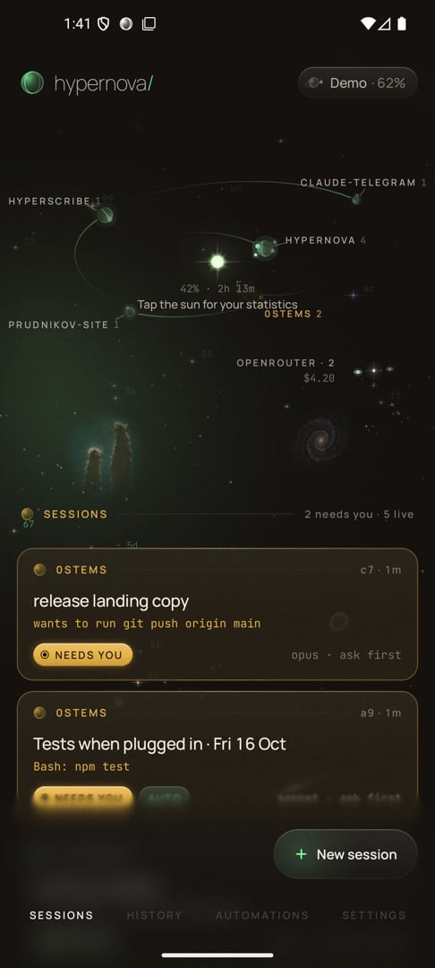 Home: the sun shows the 5-hour usage, projects orbit as planets, session cards below