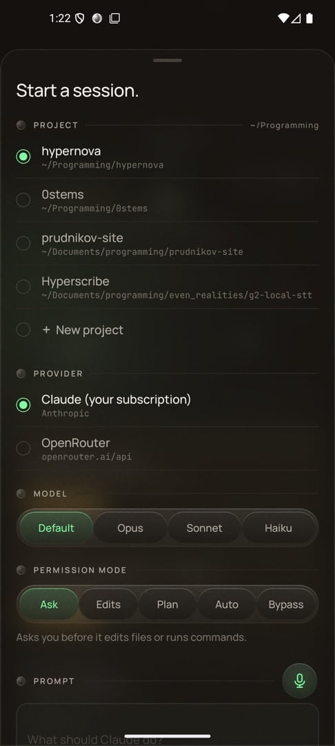 New session: project, provider, model and permission mode