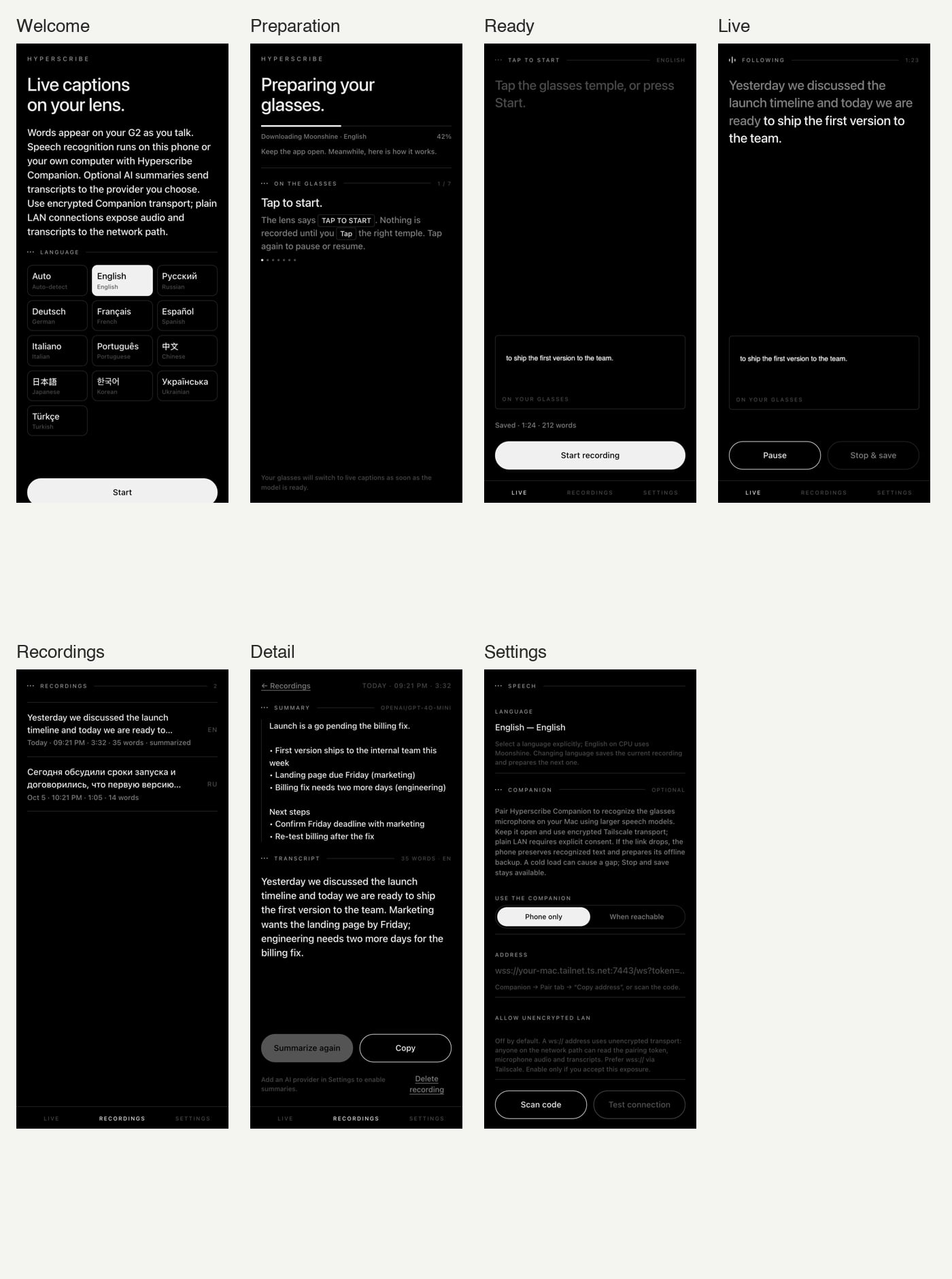 The phone app: welcome and language, preparation, ready, live, recordings, a recording’s detail, settings